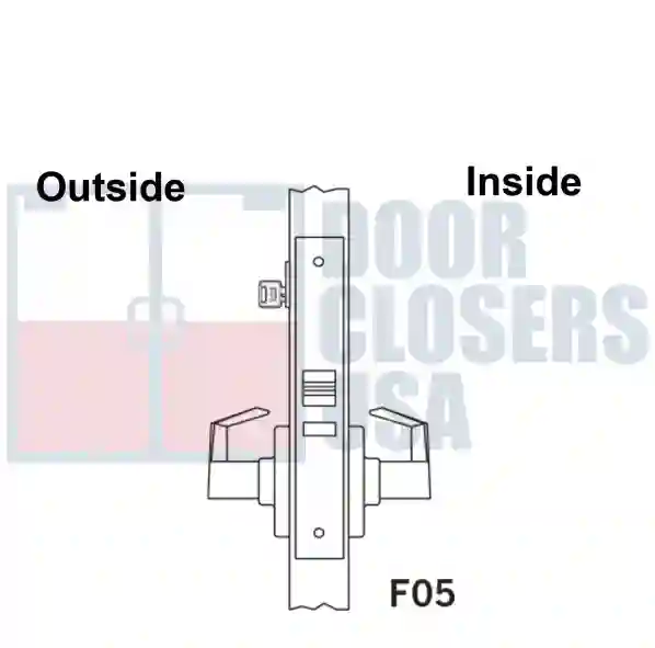 Classroom<br> Classroom Lock (F05) - for classroom, office, or utility room doors. Outside lever is locked by key outside; inside lever always active.