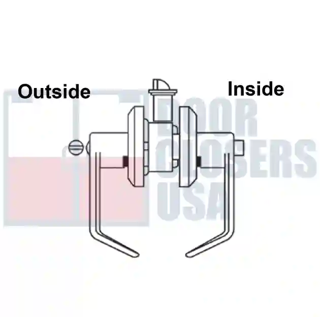 Privacy<br> Privacy (F76A) - for lavatory or other privacy doors. Non-keyed; push-button inside lever always active; automatically releases when inside lever is turned or door is closed. Emergency release in outside lever.