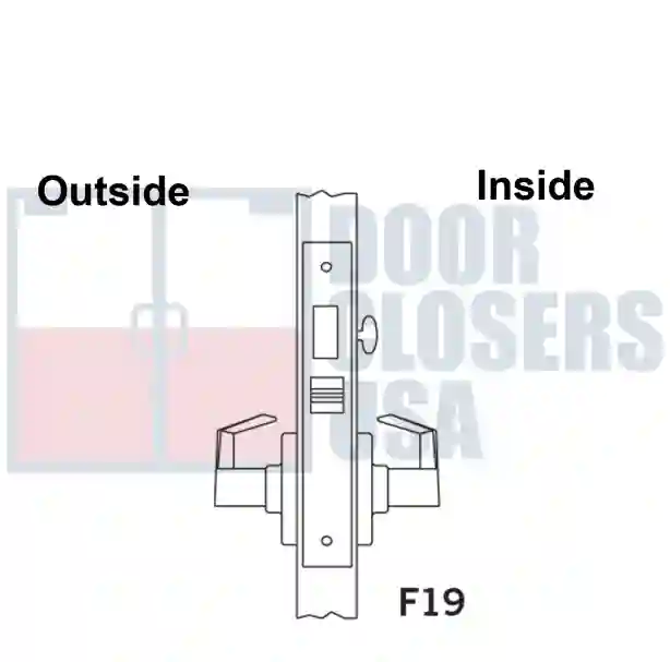 Privacy<br> Privacy, Bedroom, or Bath Lock (F19) -  Anti-panic operation. Operating inside lever retracts the latchbolt and deadbolt simultaneously, automatically; thumbturn inside. Deadbolt may be unlocked from outside by emergency key.